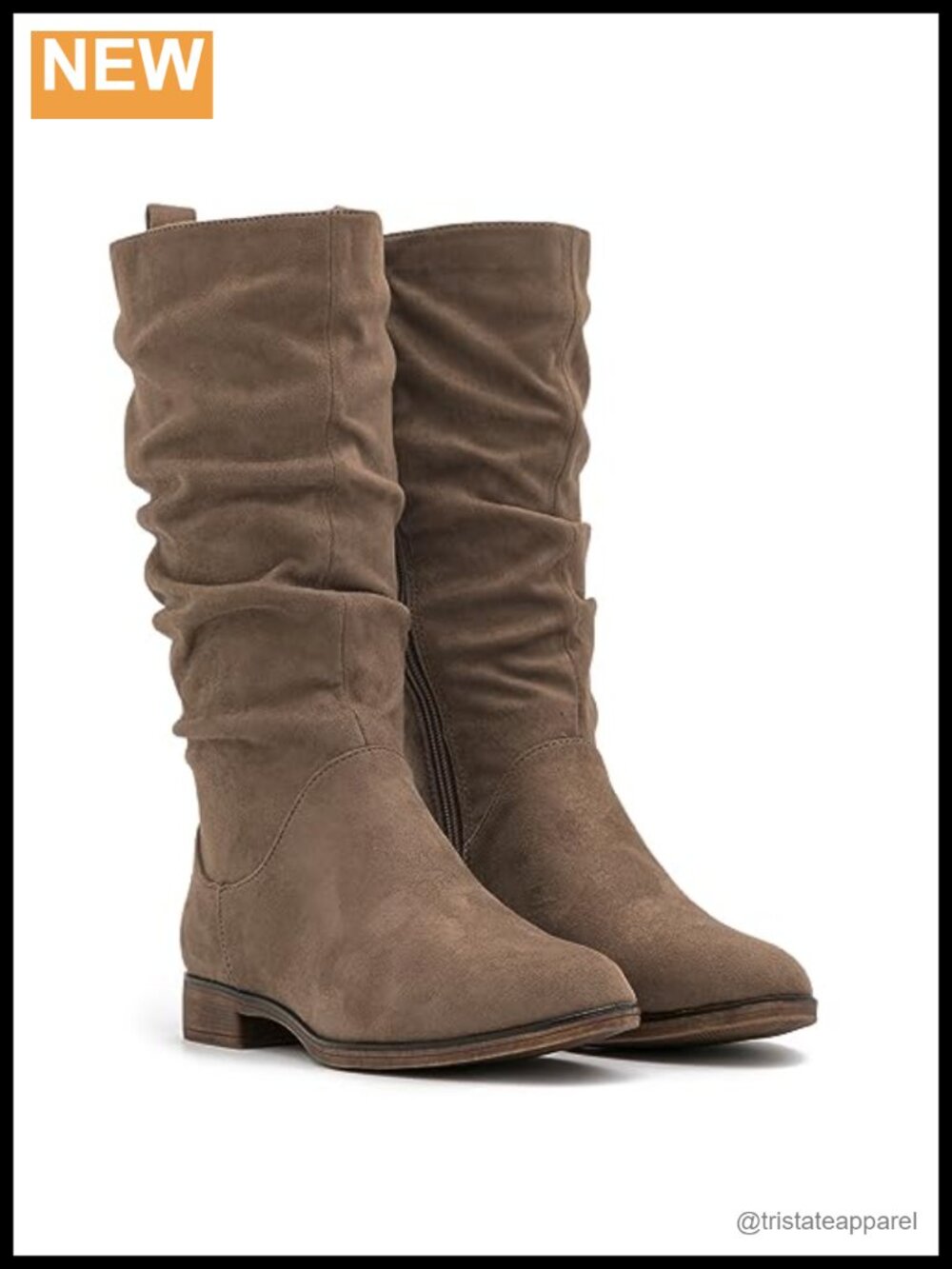 Women's Wide Calf Suede Slouch Boots with Side Zipper and Round Toe